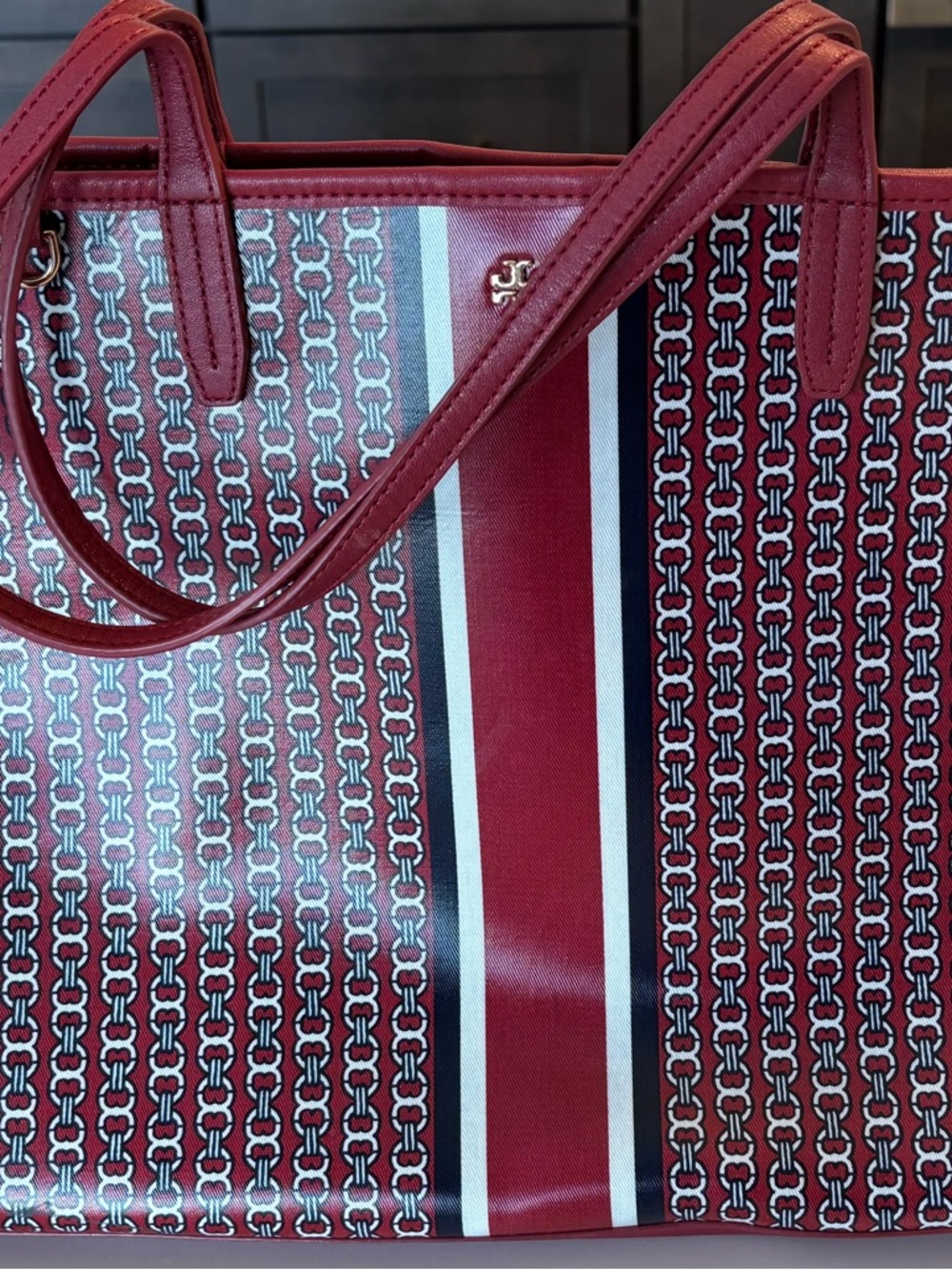 Tory Burch Red Gemini Link Patterned Stripe Tote